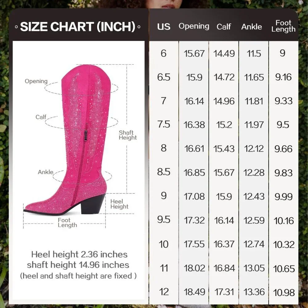 Women Polyurethane Hot Pink Knee High Pointed Toe Chunky Heel Rhinestone Boot